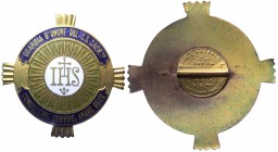Medaglia votiva usata come spilla della guardia d'onore al Sacro Cuore di Gesù con sigla IHS nel centro e il motto "Conoscere servire amare Gesù" nel ...