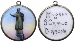 Medaglia votiva in ceramica dipinta a ricordo del Colosso di S. Carlo Borromeo posto ad Arona, città natale del Cardinale - con appiccagnolo - Ø mm 20...