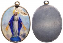 Medaglia votiva in ceramica dipinta con la raffigurazione della Vergine Maria stante frontale su globo con la braccia aperto e un serpente ai suoi pie...