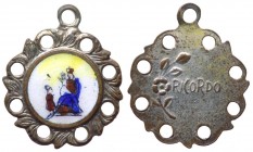 Medaglia votiva in ceramica dipinta con la rappresentazione dell'apparizione della Madonna di Fatima - raffigurazione entro clipeo circondato da corni...