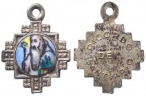 Medaglia votiva in ceramica dipinta con la raffigurazione del busto di Padre Pio - raffigurazione entro clipeo circondato da cornice metallicata decor...