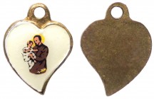 Medaglia votiva in ceramica dipinta a forma di cuore con la raffigurazione del busto di un Santo con il Bambino Gesù in braccio - con appiccagnolo - Ø...