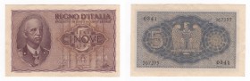 Regno d'Italia - Vittorio Emanuele III (1900-1943) - Biglietto di Stato - 5 lire tipo "imperiale" - emissione 1944 XXII - N° serie 0341 367395 - Firme...