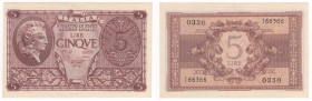 Regno d'Italia - Luogotenenza di Umberto II (1944) - Biglietti di Stato - 5 lire tipo "Atena elmata" - Decreto 23-11-1944 - N° serie 0330 166366 - Fir...