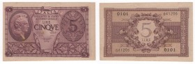 Regno d'Italia - Luogotenenza di Umberto II (1944) - Biglietti di Stato - 5 lire tipo "Atena elmata" - Decreto 23-11-1944 - N° serie 0101 641206 - Fir...