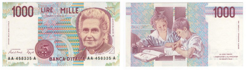 Repubblica Italiana - 1000 lire tipo "Montessori" - serie A - tripla AA-A - Decr...