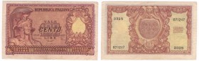 Repubblica Italiana - Biglietto di Stato - 100 lire tipo "Italia elmata" - Decreto 31-12-1951 - N° serie 3328 071247 - Firme: Di Cristina, Cavallaro, ...