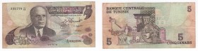 Tunisia - Repubblica Tunisina (dal 1956) 5 dinari tipo "Bourguiba"- emissione del 1973 - N°serie C/68 331278 - P# 71

BB

 Worldwide shipping