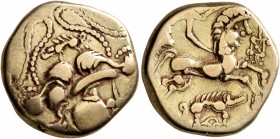 NORTHWEST GAUL. Baiocassi. Late 2nd to mid 1st century BC. Stater (Electrum, 17 mm, 6.07 g, 9 h), 'au sanglier' type. Celticized male head to right, s...
