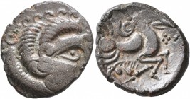 NORTHWEST GAUL. Coriosolites. Circa 100-50 BC. Stater (Billon, 22 mm, 5.91 g, 4 h), 'au nez pointé' type. Celticized male head to right, the hair in i...