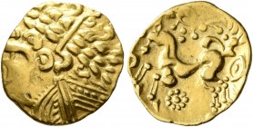 NORTHEAST GAUL. Ambiani. 2nd century BC. Quarter Stater (Gold, 15 mm, 1.95 g, 4 h), 'au flan large - profil tourné à gauche' type. Celticized laureate...