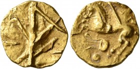NORTHEAST GAUL. Nervii. 2nd century BC. Quarter Stater (Gold, 13 mm, 1.94 g, 7 h), 'à la lyre' type. Vertical line with diagonal lines at various angl...