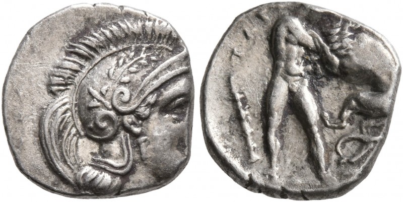 CALABRIA. Tarentum. Circa 380-325 BC. Diobol (Silver, 11 mm, 1.29 g, 6 h). Head ...