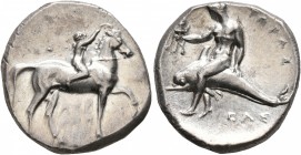 CALABRIA. Tarentum. Circa 280 BC. Didrachm or Nomos (Silver, 21 mm, 7.89 g, 7 h), Sa..., Arethon and Cas..., magistrates. Nude youth riding horse walk...