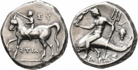 CALABRIA. Tarentum. Circa 272-240 BC. Didrachm or Nomos (Silver, 19 mm, 6.39 g, 8 h), Eu... and Tistiar..., magistrates. EY / TI-ΣTIAP Nude youth ridi...