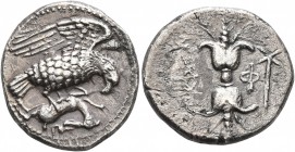 BRUTTIUM. Lokroi Epizephyrioi. Circa 400-350 BC. Didrachm or Nomos (Silver, 21 mm, 7.29 g, 4 h). Eagle standing right, wings spread, clutching dead ha...