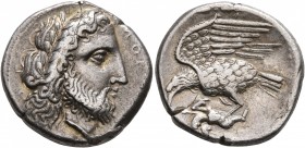BRUTTIUM. Lokroi Epizephyrioi. Circa 400-350 BC. Didrachm or Nomos (Silver, 20 mm, 7.40 g, 4 h). Laureate head of Zeus to right; behind, thunderbolt. ...