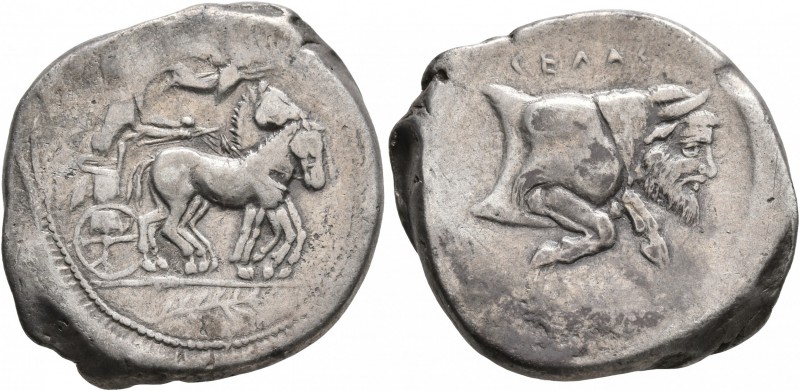 SICILY. Gela. Circa 440-430 BC. Tetradrachm (Silver, 29 mm, 17.11 g, 7 h). Chari...