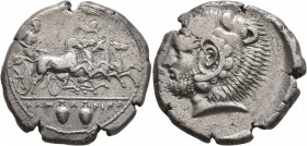 SICILY. Kamarina. Circa 425-405 BC. Tetradrachm (Silver, 28 mm, 17.51 g, 2 h). KAMAPINA Athena driving quadriga galloping to right, holding kentron in...