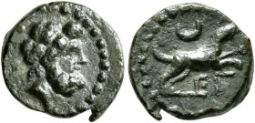 SICILY. Segesta. Roman protectorate, circa 262-mid 1st century BC. AE (Bronze, 11 mm, 1.14 g, 12 h). Laureate head of Zeus to right. Rev. EΓ Dog runni...