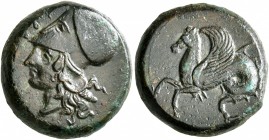 SICILY. Syracuse. Dionysios I, 405-367 BC. Litra (Bronze, 17 mm, 6.00 g, 9 h). ΣYPA Head of Athena to left, wearing Corinthian helmet. Rev. Hippocamp ...