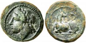 SICILY. Syracuse. Agathokles, 317-289 BC. AE (Bronze, 13 mm, 1.62 g, 4 h), circa 317-310. ΣYPAKOΣIΩN Laureate head of Apollo to left. Rev. Hound lying...