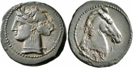 CARTHAGE. Circa 300-264 BC. Shekel (?) (Bronze, 21 mm, 5.00 g, 3 h), Sardinian mint. Head of Tanit to left, wearing wreath of grain ears, triple-penda...