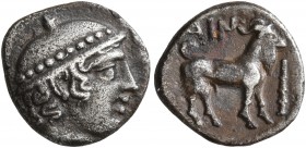 THRACE. Ainos. Circa 429-427/6 BC. Diobol (Silver, 11 mm, 1.19 g, 5 h). Head of Hermes to right, wearing petasos. Rev. AIN Goat standing right, before...