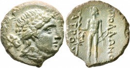 THRACE. Apollonia Pontika. 2nd century BC. AE (Bronze, 22 mm, 5.13 g, 12 h). Laureate head of Apollo to right. Rev. AΠΟΛΛΩNO[Σ] / IATPOY Apollo standi...
