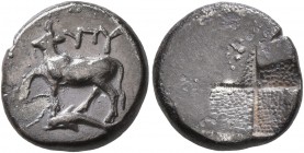 THRACE. Byzantion. Circa 340-320 BC. Half Siglos (Silver, 13 mm, 2.31 g). ΠY Bull standing left on dolphin left. Rev. Quadripartite incuse square of m...