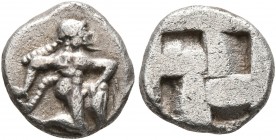 ISLANDS OFF THRACE, Thasos. Circa 500-480 BC. Diobol (Silver, 9 mm, 1.10 g). Satyr running right in kneeling stance. Rev. Quadripartite incuse square....
