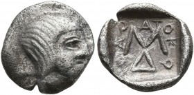 KINGS OF THRACE. Odrysian. Saratokos, circa 407-369 BC. Obol (Silver, 10 mm, 0.80 g, 7 h). Youthful male head to right. Rev. ΣA-PAT-OKO around ΣΔ mono...