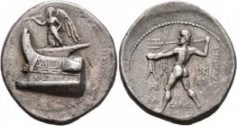 KINGS OF MACEDON. Demetrios I Poliorketes, 306-283 BC. Tetradrachm (Silver, 31 mm, 17.00 g, 1 h), Salamis, circa 300-295. Nike, blowing a trumpet and ...
