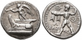 KINGS OF MACEDON. Demetrios I Poliorketes, 306-283 BC. Hemidrachm (Silver, 12 mm, 2.05 g, 10 h), Tarsos, circa 298-295. Nike, blowing a trumpet and ho...