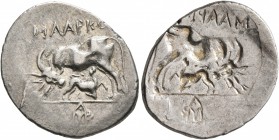 ILLYRIA. Apollonia. Circa 120/00-80/70 BC. Drachm (Silver, 20 mm, 3.12 g, 12 h), brockage mint error. Maarkos [and Lysanias], magistrates. MAAPKO[Σ] C...