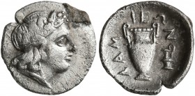 THESSALY. Lamia. Circa 400-375 BC. Obol (Silver, 11 mm, 0.75 g, 9 h). Head of Dionysos to right, wearing wreath of ivy and fruit. Rev. ΛAMIEΩN Amphora...