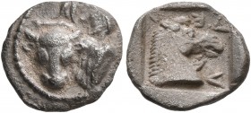 THESSALY. Larissa. Circa 460-440 BC. Obol (Silver, 10 mm, 0.86 g, 7 h). Bull's head and neck left; behind, half figure of hero to left, grasping horns...
