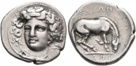 THESSALY. Larissa. Circa 356-342 BC. Drachm (Silver, 19 mm, 6.08 g, 4 h). Head of the nymph Larissa facing slightly to left, wearing ampyx, pendant ea...