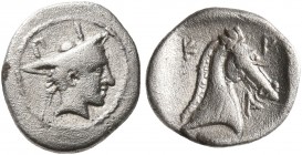 THESSALY. Krannon. Late 5th-early 4th centuries BC. Hemiobol (Silver, 10 mm, 0.44 g, 9 h). Π - I Head of a young male (Thessalos?) to right, wearing p...