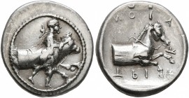 THESSALY. Trikka. Circa 440-400 BC. Hemidrachm (Silver, 17 mm, 2.92 g, 7 h). Hero, nude and with petasos and chlamys flying behind his back, running r...