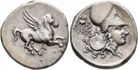 AKARNANIA. Anaktorion. Circa 350-300 BC. Stater (Silver, 22 mm, 8.60 g, 4 h). A Pegasos flying right. Rev. Head of Athena to right, wearing Corinthian...