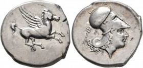 AKARNANIA. Leukas. Circa 350-320 BC. Stater (Silver, 21 mm, 8.42 g, 5 h). Pegasos flying right. Rev. Head of Athena to right, wearing Corinthian helme...