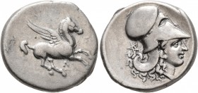 AKARNANIA. Leukas. Circa 350-320 BC. Stater (Silver, 21 mm, 8.42 g, 12 h). Λ Pegasos flying right. Rev. Head of Athena to right, wearing Corinthian he...