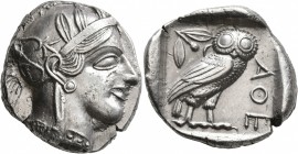 ATTICA. Athens. Circa 430s BC. Tetradrachm (Silver, 26 mm, 17.19 g, 3 h). Head of Athena to right, wearing crested Attic helmet decorated with three o...