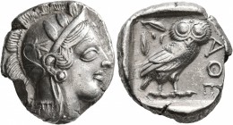 ATTICA. Athens. Circa 430s BC. Tetradrachm (Silver, 25 mm, 16.69 g, 1 h). Head of Athena to right, wearing crested Attic helmet decorated with three o...