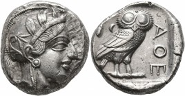 ATTICA. Athens. Circa 430s BC. Tetradrachm (Silver, 23 mm, 17.14 g, 4 h). Head of Athena to right, wearing crested Attic helmet decorated with three o...