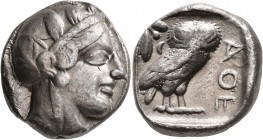 ATTICA. Athens. Circa 430s BC. Tetradrachm (Silver, 24 mm, 16.91 g, 5 h). Head of Athena to right, wearing crested Attic helmet decorated with three o...