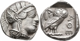ATTICA. Athens. Circa 430s-420s BC. Tetradrachm (Silver, 24 mm, 17.12 g, 7 h). Head of Athena to right, wearing crested Attic helmet decorated with th...