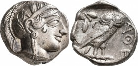ATTICA. Athens. Circa 430s-420s BC. Tetradrachm (Silver, 24 mm, 17.00 g, 10 h). Head of Athena to right, wearing crested Attic helmet decorated with t...
