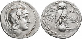 ATTICA. Athens. Circa 165-42 BC. Tetradrachm (Silver, 33 mm, 16.58 g, 11 h), Polykles and Timarchides, magistrates, 149/8. Head of Athena Parthenos to...